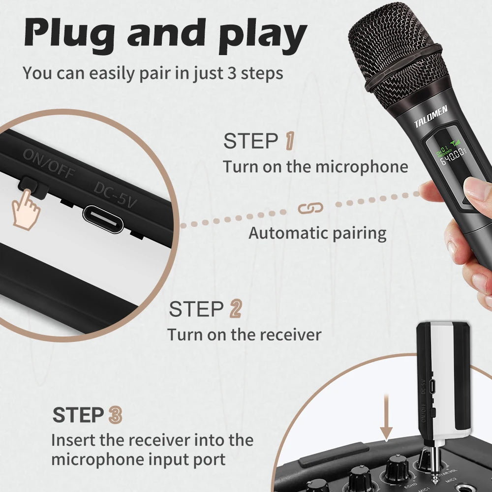 Wireless Microphone, ,Professional Dual Handheld Cordless Dynamic Mic System
